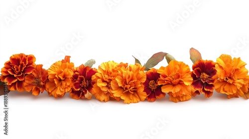 A row of vibrant orange marigold flowers with green leaves against a clean white background, exuding natural beauty and autumnal charm