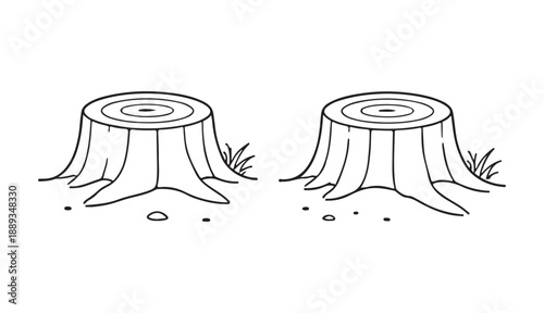 Pair of Tree Stumps with Sparse Grass and Outline Style, representing deforestation, nature's cycle, or a rustic, simple outdoor scene.