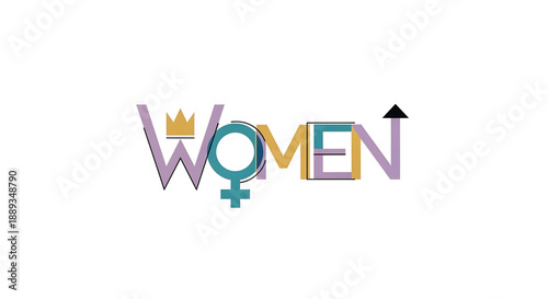 International womens day colorful typographic design featuring the word women with a crown and gender symbols