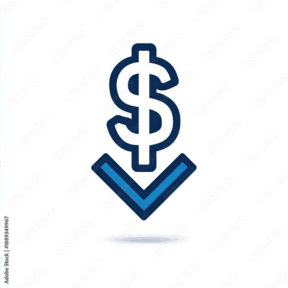 Obraz premium Blue dollar sign with downward arrow, white background. Financial concept representing a decrease