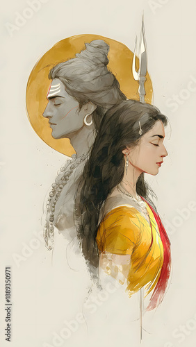 Lord Shiva and Maa Parvati Artistic Portrait, Shiv Shakti Divine Union, Maha Shivratri Spiritual Art
