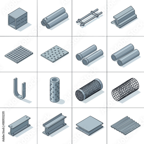 Construction Materials Isometric Vector Pack: Metal Profiles, Pipes, Reinforcement, and Perforated Sheets.
