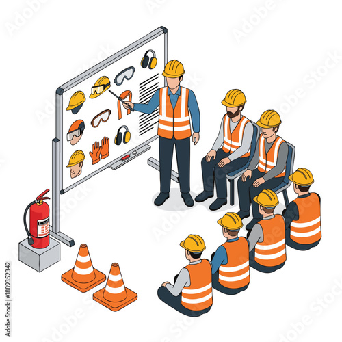 Construction Safety Training Session with Instructor Showing Personal Protective Equipment.