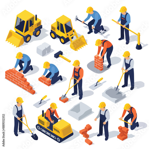 Construction Site Isometric: Builders and Equipment Working Together.