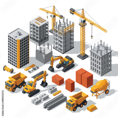 Construction Site Isometric Elements: Cranes, Excavators, Dump Trucks, Buildings in Progress, Bricks, and Blocks for Architectural Projects.