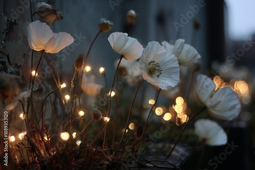 Ethereal White Poppies with Glowing Fairy Lights Bokeh