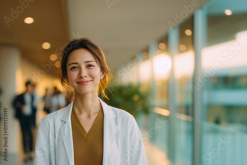 Asian woman doctor in white coat smiling in clinic, healthcare medical physician at hospital providing wellness service portrait.