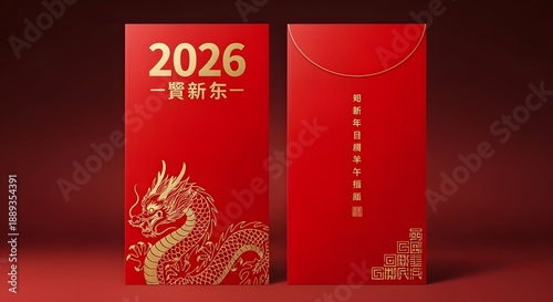 Chinese new year 2026 red envelope with golden dragon design and lunar calendar