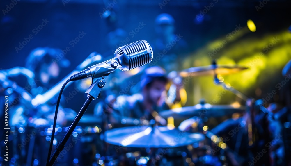 Obraz premium Classic retro microphone in sharp focus with blurred drum kit and musician in background, illuminated by dramatic blue and yellow stage lighting for music industry content