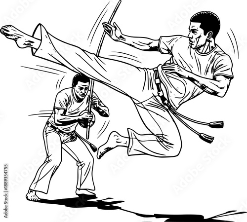 Silhouette capoeira fighters performing dynamic kicks and movements in a martial arts combat sequence, black and white 