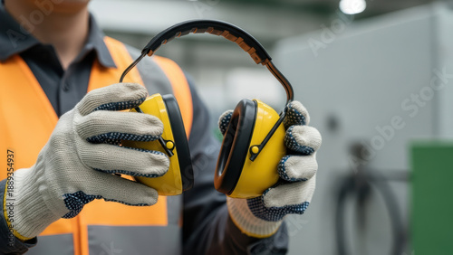 Industrial worker holding protective earmuffs in gloved hands inside modern factory workshop, emphasizing workplace safety, noise reduction and personal protective equipment compliance