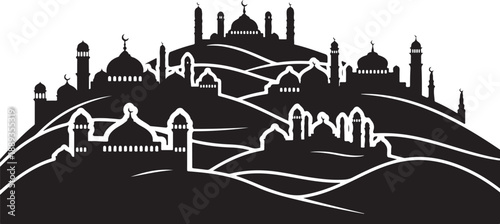 Black and White Cityscape Silhouette with Mosques and Hills