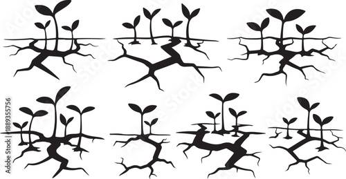 Black silhouettes of young plants growing in cracked earth