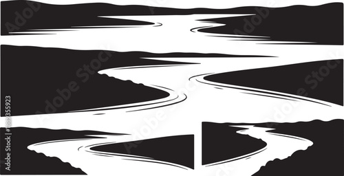 Black and white abstract river landscape with winding path