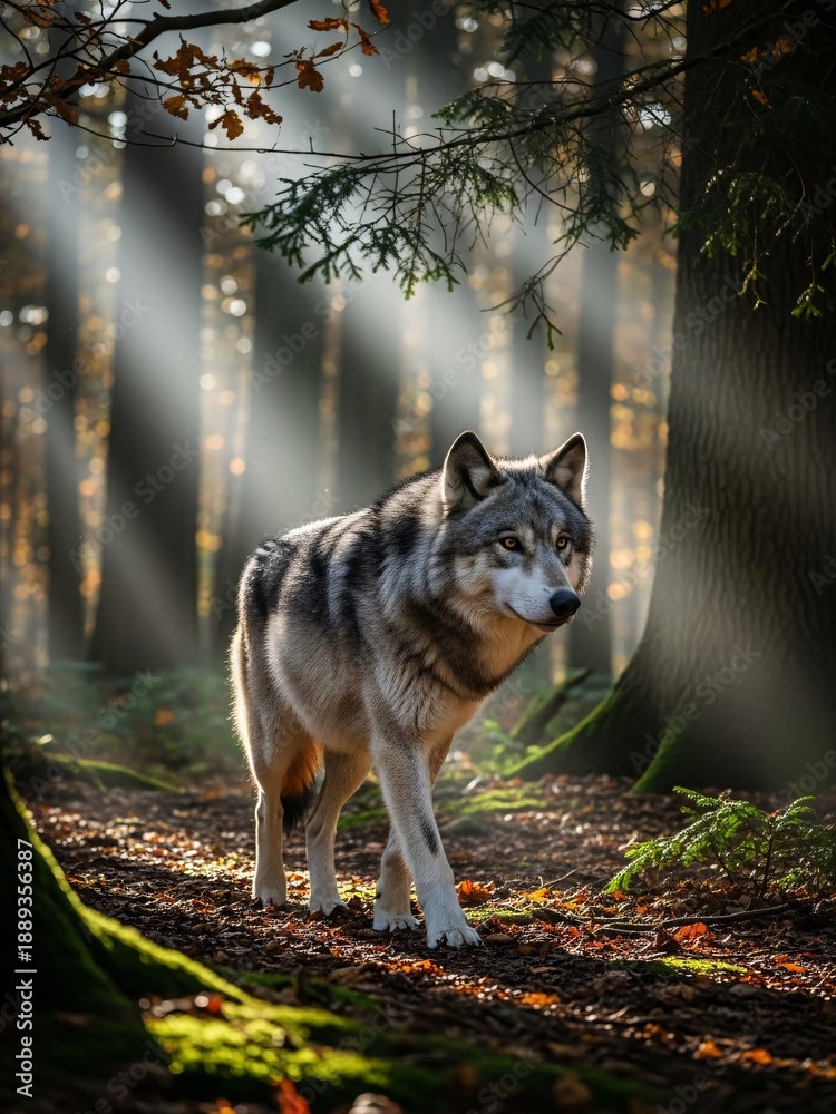 Obraz premium Portrait of a wolf in the forest. The wolf is standing in the forest.