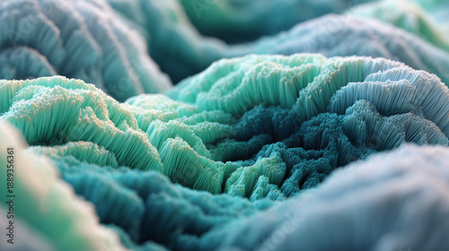 Abstract 3D render of a teal and turquoise organic texture resembling coral or microscopic fibers with a shallow depth of field, creating a wavy landscape.