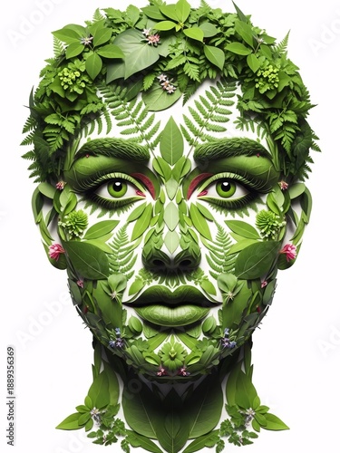 Portrait of a beautiful woman with green leaves on her face.