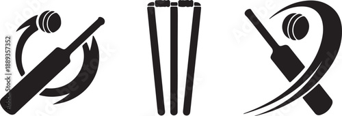 Cricket Wicket Silhouettes Set Black Vector Collection Stumps Ball Sports Emblems, black and white silhouette, vector and illustration