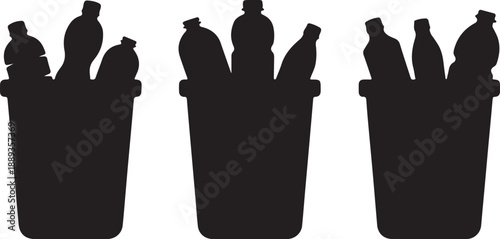 Recycling Bin Silhouettes with Plastic Bottles Black Vector Waste Sorting, black and white silhouette, vector and illustration