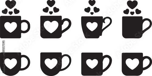 Love Coffee Mug Icons Set Black Vector Collection Romantic Cup Heart Symbols, black and white silhouette, vector and illustration	