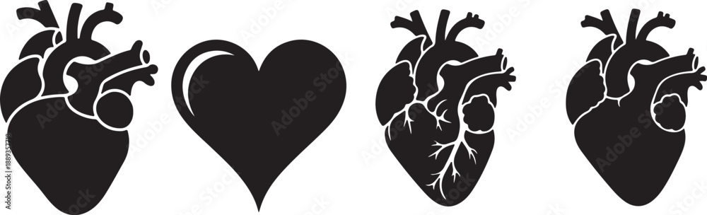 Obraz premium Anatomical Heart and Love Heart Silhouettes Set, black and white silhouette, vector and illustration 