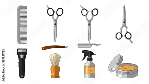 Barber tools collection: scissors, razors, combs, clippers, and grooming supplies for hairdressing
