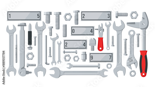 Assorted tools and nuts on white background with silver gray wrenches and screws