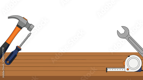 Hand tools on wooden table: hammer, screwdriver, wrench, tape measure