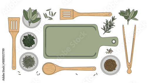 Rustic kitchen herbs and utensils on cutting board in flat design