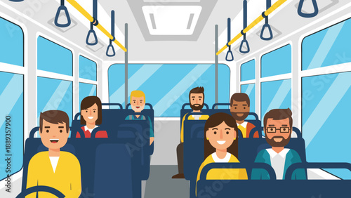 Diverse group of smiling passengers riding public bus in bright cartoon style