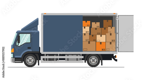 Delivery truck with open door and cardboard boxes in flat design