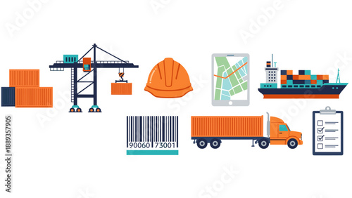 Logistics and shipping icons in flat design with cargo crate, ship, and more