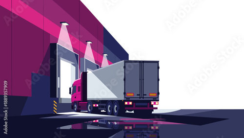 Colorful geometric illustration of truck at warehouse loading dock