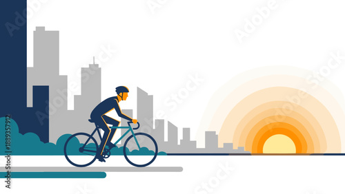 Urban cyclist at sunrise with modern cityscape in simplistic flat design