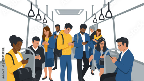 Urban commuters engaged with smartphones on public transport in flat style