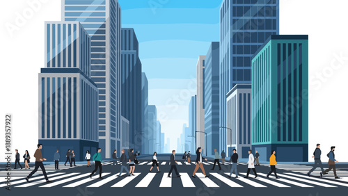 Busy urban street with people walking in modern cityscape