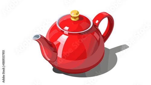 Red teapot with lid in isometric style on white background
