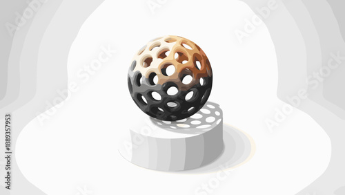 Abstract gradient sphere with circular cutouts on pedestal