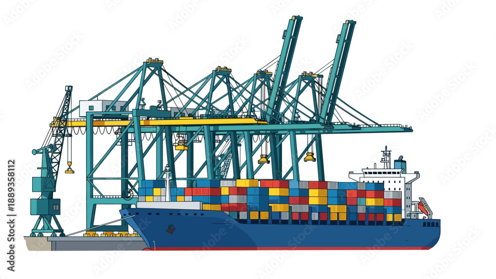 Fototapeta premium Container ship at industrial port with cranes in detailed flat design