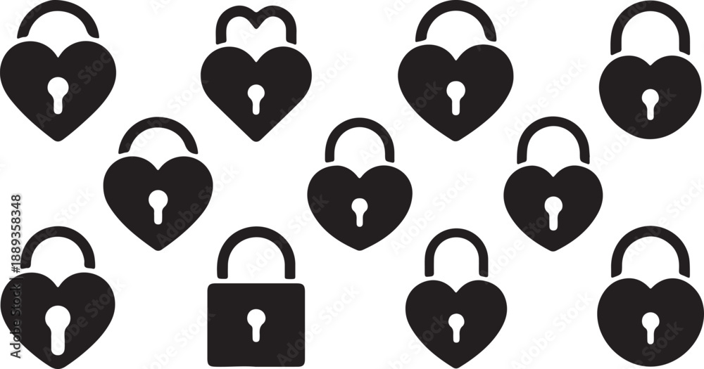 Fototapeta premium Heart shaped padlock icons set, love lock symbols, security and romance concept, solid black silhouettes, simple flat design collection, black and white silhouette, vector and illustration