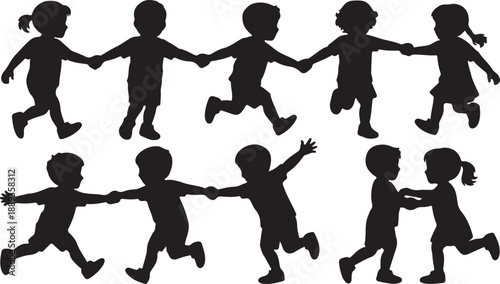Children Playing Silhouettes Set Black Vector Collection Kids Friendship Poses, black and white silhouette, vector and illustration