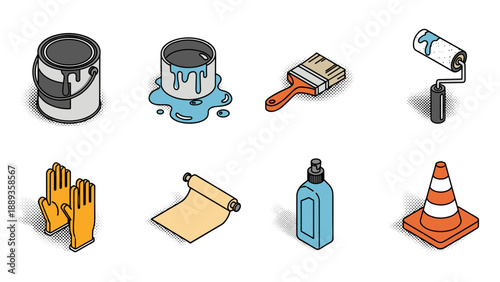Isometric painting tools and supplies set with paint cans and brushes