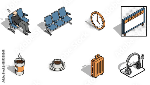 Isometric airport wait: passenger, seats, and travel essentials in modern design
