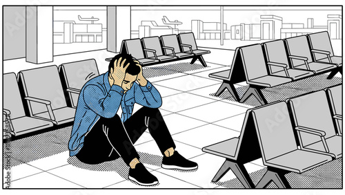 Stressed man sitting in empty airport terminal with head in hands