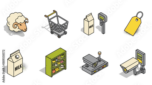 Isometric retail elements: shopping cart, milk carton, price scanner, surveillance camera, and more