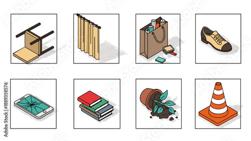 Isometric icons of everyday objects: shoes, traffic cone, books, bag, curtains, plants