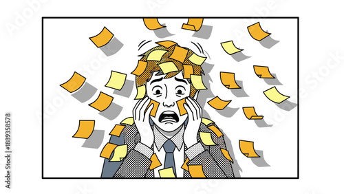Overwhelmed businessman with sticky notes in retro comic style