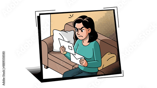 Upset woman reading unexpected news on couch in pop art cartoon style
