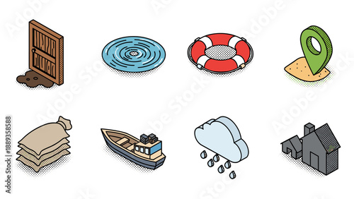 Isometric flood prevention icons with halftone effect