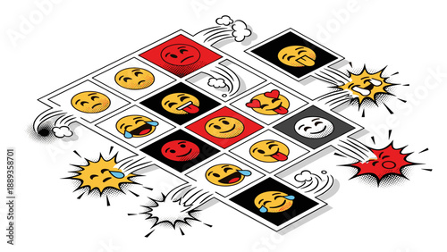 Comic style emoji game board with pop art effects and playful expressions